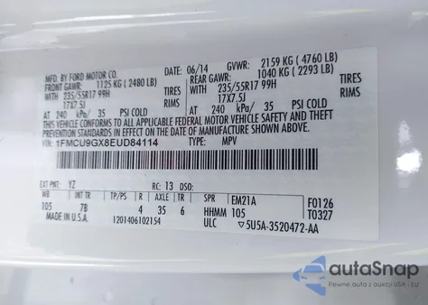 2014 Ford Escape Se z USA, uszkodzony, nr VIN 1FMCU9GX8EUD84114